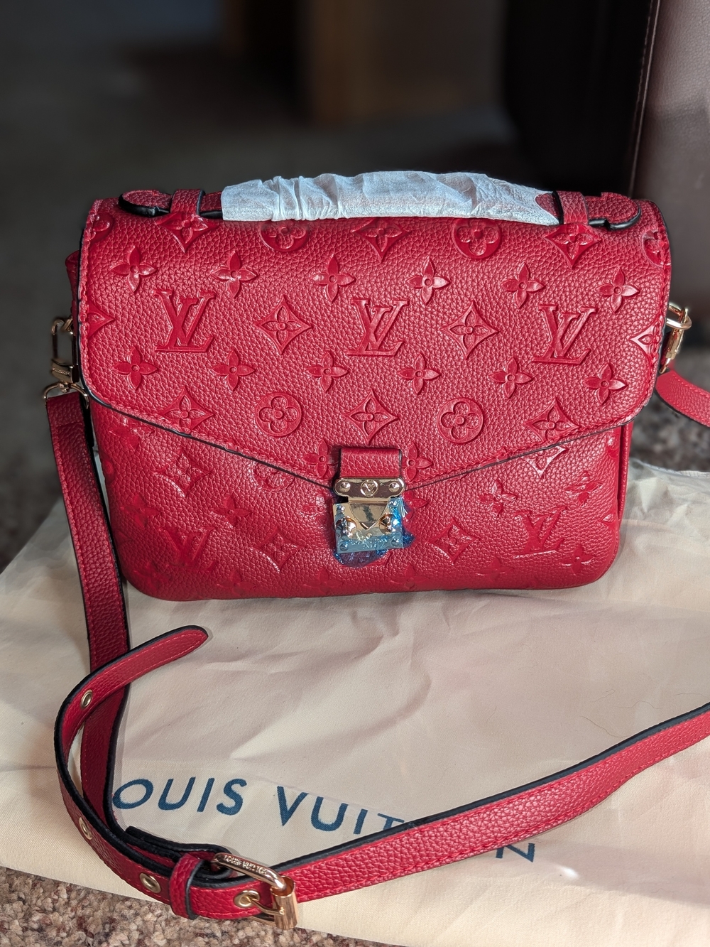 Red Monogram Fashion Inspired Embossed Crossbody Bag with Gold Hardware